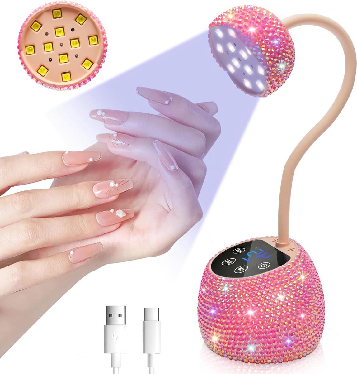 Mini UV Lamp - Nageldroger Gel - Manicure Thuis - Slimme Autosensor - 36W Vermogen - Roze Strass