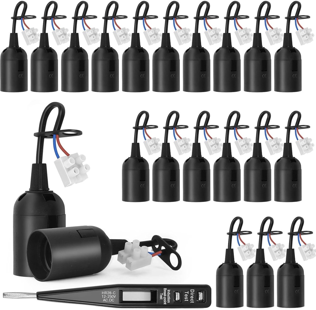 20pcs E27 Replacement Fittings + VDE Voltage Tester, Construction Fitting with Cable, Lamp Holder with Cable - ShopVlot