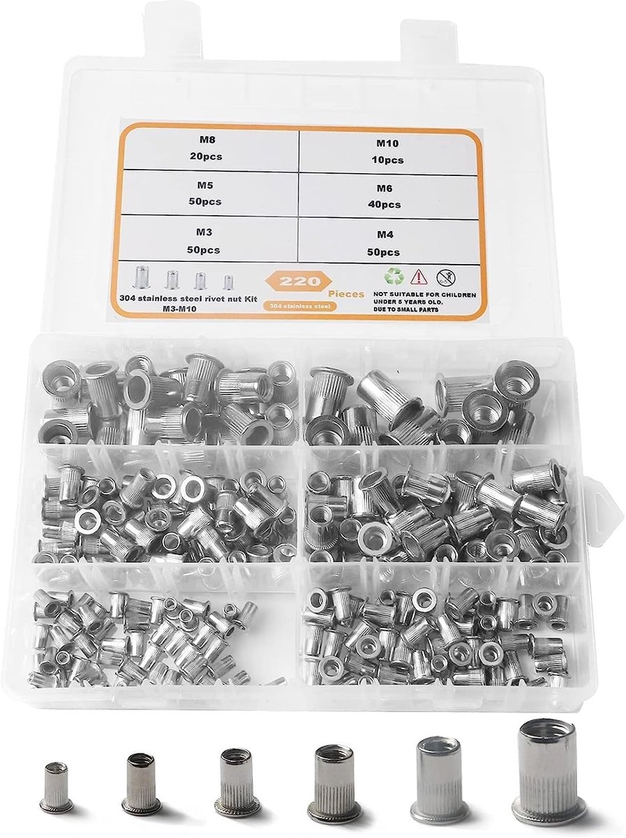 SnelShoppen - 220 Stuks Rivet Nuts RVS Draad Inserts Crimp Moeren M3 M4 M5 M6 M8 M10 Met Praktische Opbergdoos Voor Reparaties