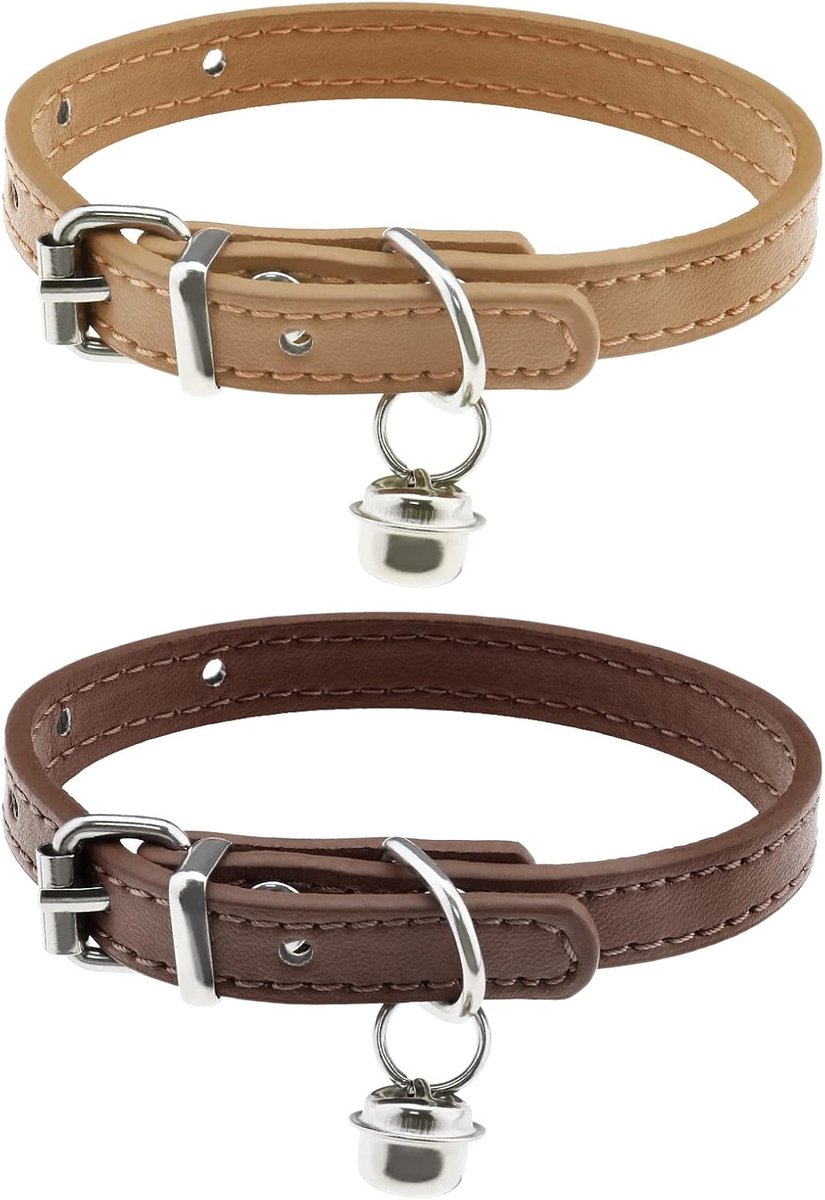SnelShoppen - 2 Stuks Kat Hond Halsband met Bel PU Leer Comfortabele Kitten Halsbanden voor 15~23cm Halsomvang Verstelbare Lengte Kleine Huisdieren Be