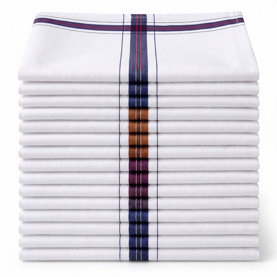 Pile de mouchoirs blancs en coton avec des rayures rouges, bleues et violettes sur le dessus. Les rayures vont jusqu'en bas.