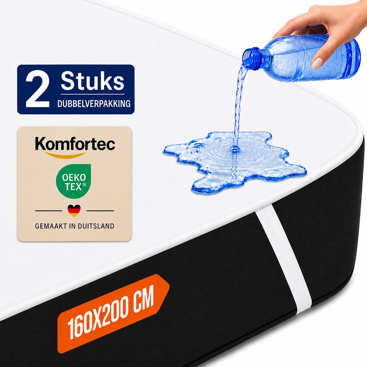 Komfortec Set van 2 Waterdichte Matrasbeschermers 160x200 cm Dubbelpak - Matrasbeschermhoes - Ademende Matrashoes - Niet Krakende Matrasbeschermer - Incontinentiemateriaal - Wit