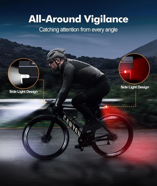 Fietslicht Set - Verlichting Voor Achter - Nachtelijk Fietsen - Zijwaartse Waarschuwingslichten - IP65 Waterdicht - Zwart — afbeelding 4