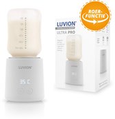 Luvion Ultra Pro flesverwarmer met fles en verpakking. De flesverwarmer is wit met een digitaal display met 35°C.