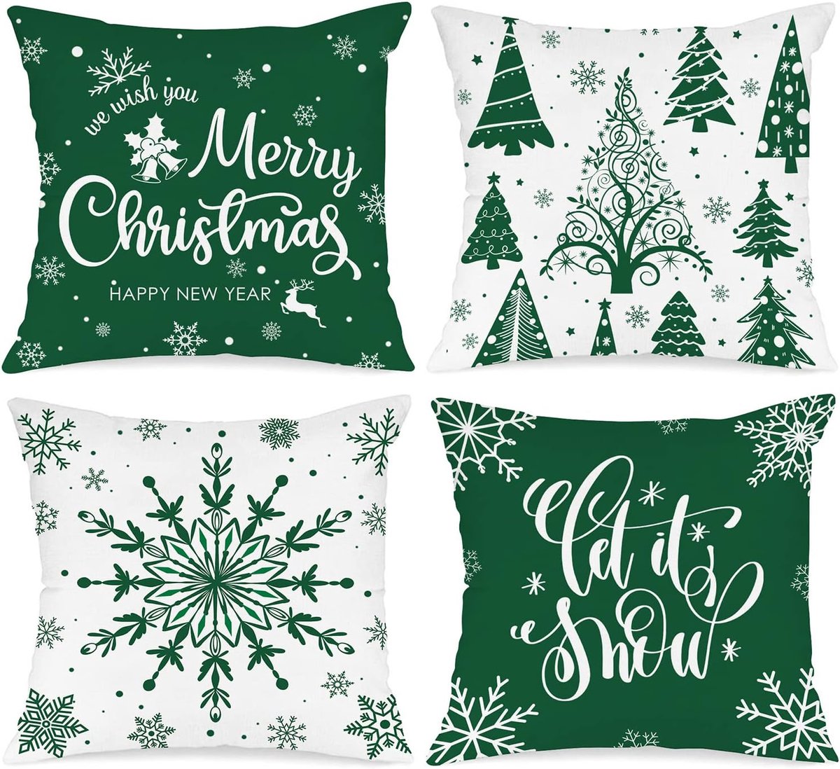 SnelShoppen - Set van 4 Kerst Kussenhoezen 40 x 40 cm, Groene Winter Decoratieve Kussens voor Binnen en Buiten, Perfect voor Kerstmis en Feestdagen, D