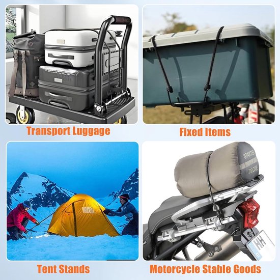 Set van 10 Verstelbare Elastische Spanners met Haken voor Bagage, Tarps en Motorfietsen - Ideaal voor Camping en Vervoer (30cm/60cm/100cm) — afbeelding 3