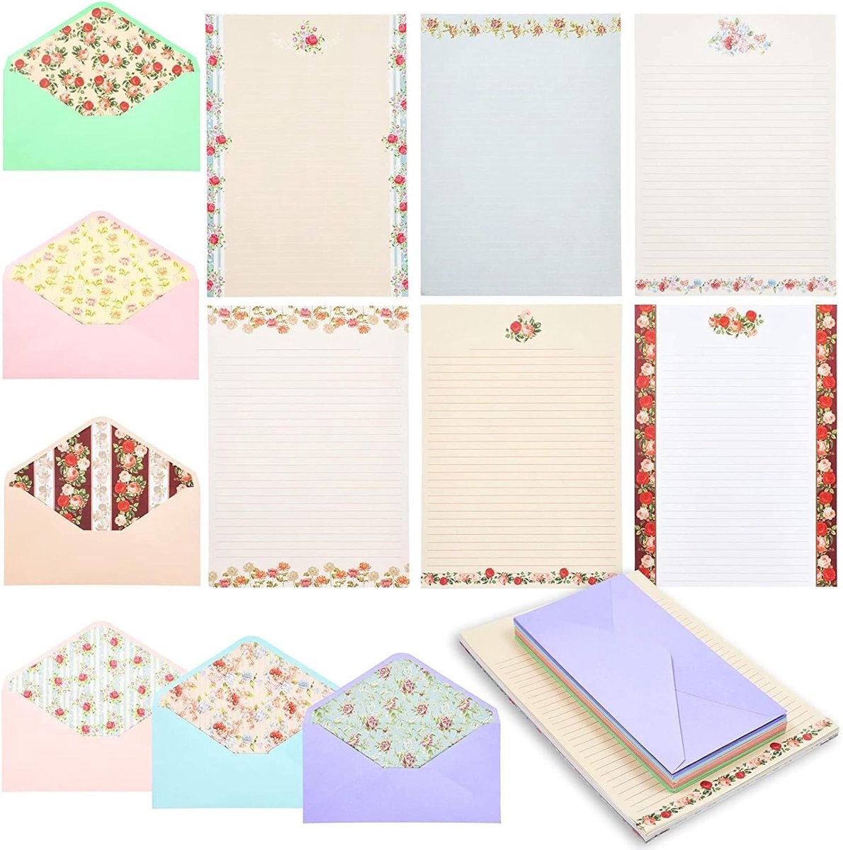 SnelShoppen - 60 Vellen Vintage Bloemen Briefpapier met 30 Enveloppen, Poëzie Schrijfpapier, Bedankbriefjes, Pen Vrienden, Scrapbook, Calligrafie (6 O
