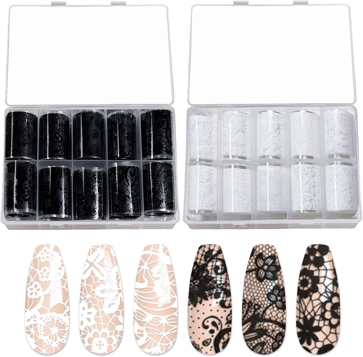 SnelShoppen - Nagelfolie Transferpapierset - 20 Rollen - Kant- en Sterrenhemelpatronen - 2 Kleuren - 1,90 x 150 cm - Gemakkelijk Aan Te Brengen - Perf