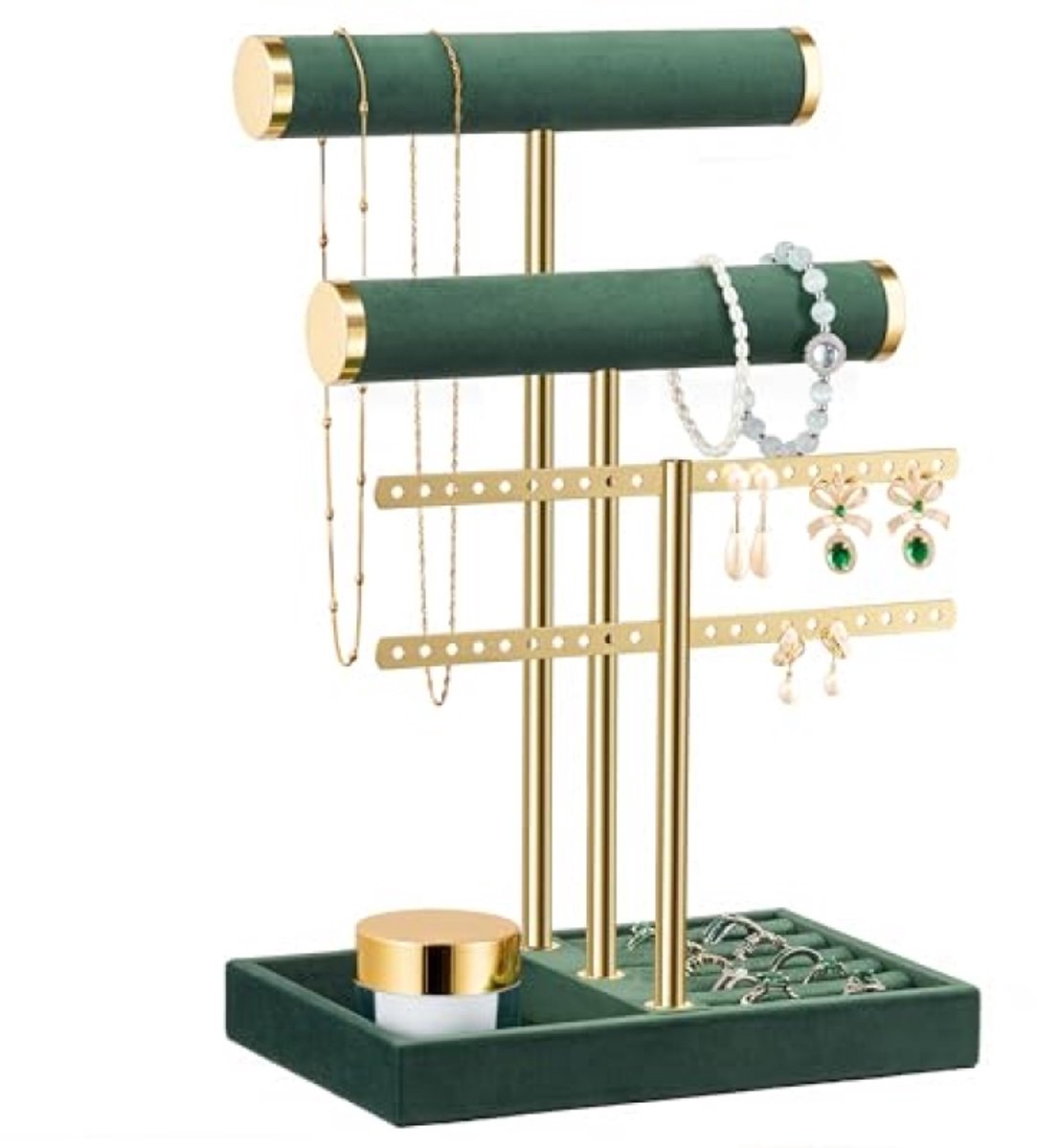 Arvion Sieraden Organizer met 3 Niveaus - Groene Fluweel Sieradenstandaard met Afneembare T-brug voor Armbanden, Halskettingen, Horloges en Ringen - Donkergroen