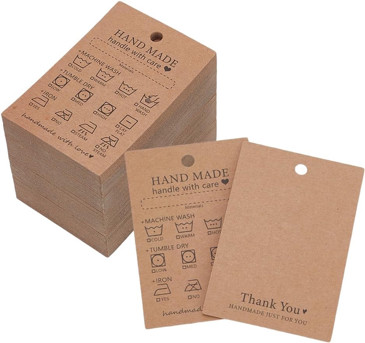 SnelShoppen - 120 Stuks Handgemaakte Fabric Wasinstructies Hangtag 7.5x5cm Sand Bruin Kraft Papier Waslabel Kleding Care Card Minimalistische Symbolen