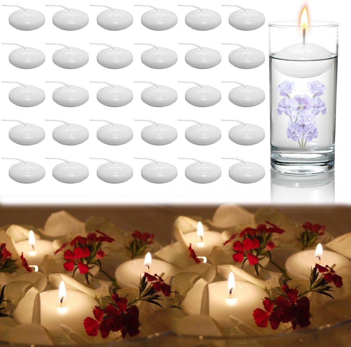 Floating Candles White, 30 Pieces Floating Candles, Smokeless Floating Candles, Float Tea Lights 3.8 * 1.5cm, White - ShopVlot
