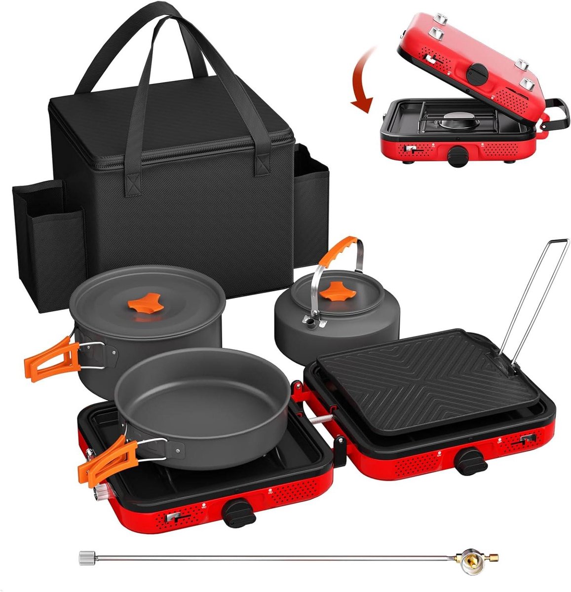 Dubbele Kampeerkachel - Propaankachel Buiten - Koken in Natuur - 20000 BTU Vermogen - Incl. Kookset - Zilver