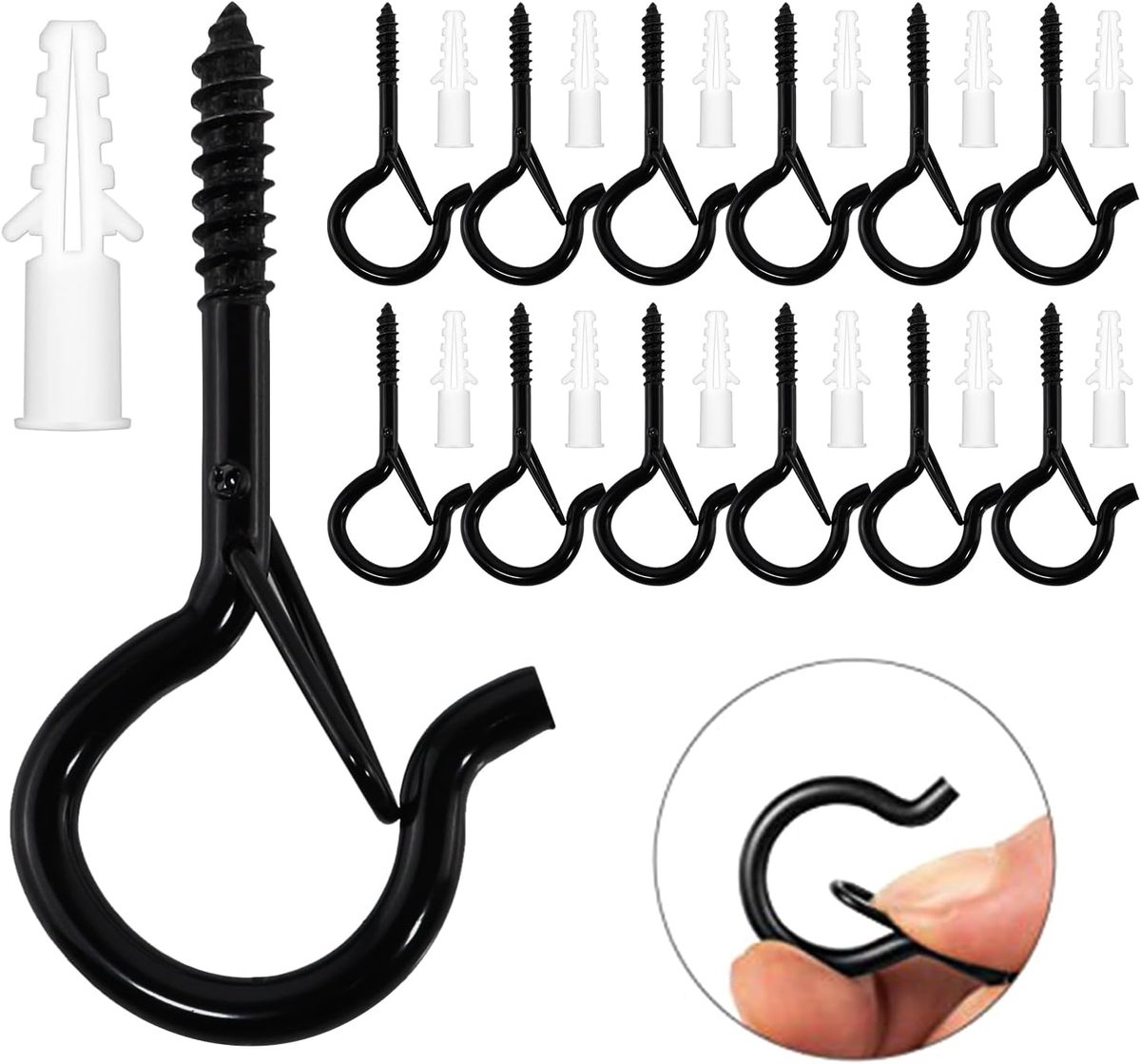 Zwarte schroefhaken set van 12 - RVS met elastische veiligheidsbeugel - Maximale bescherming - ShopVlot