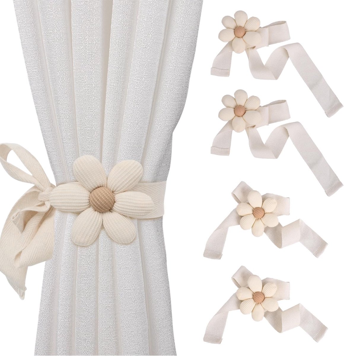 SnelShoppen - 4 Stuks Gordijnhouders, Schattige Bloemvormige Gordijnhouders voor Kinderkamer, Woonkamer, Slaapkamer - Veilig en Verstelbaar