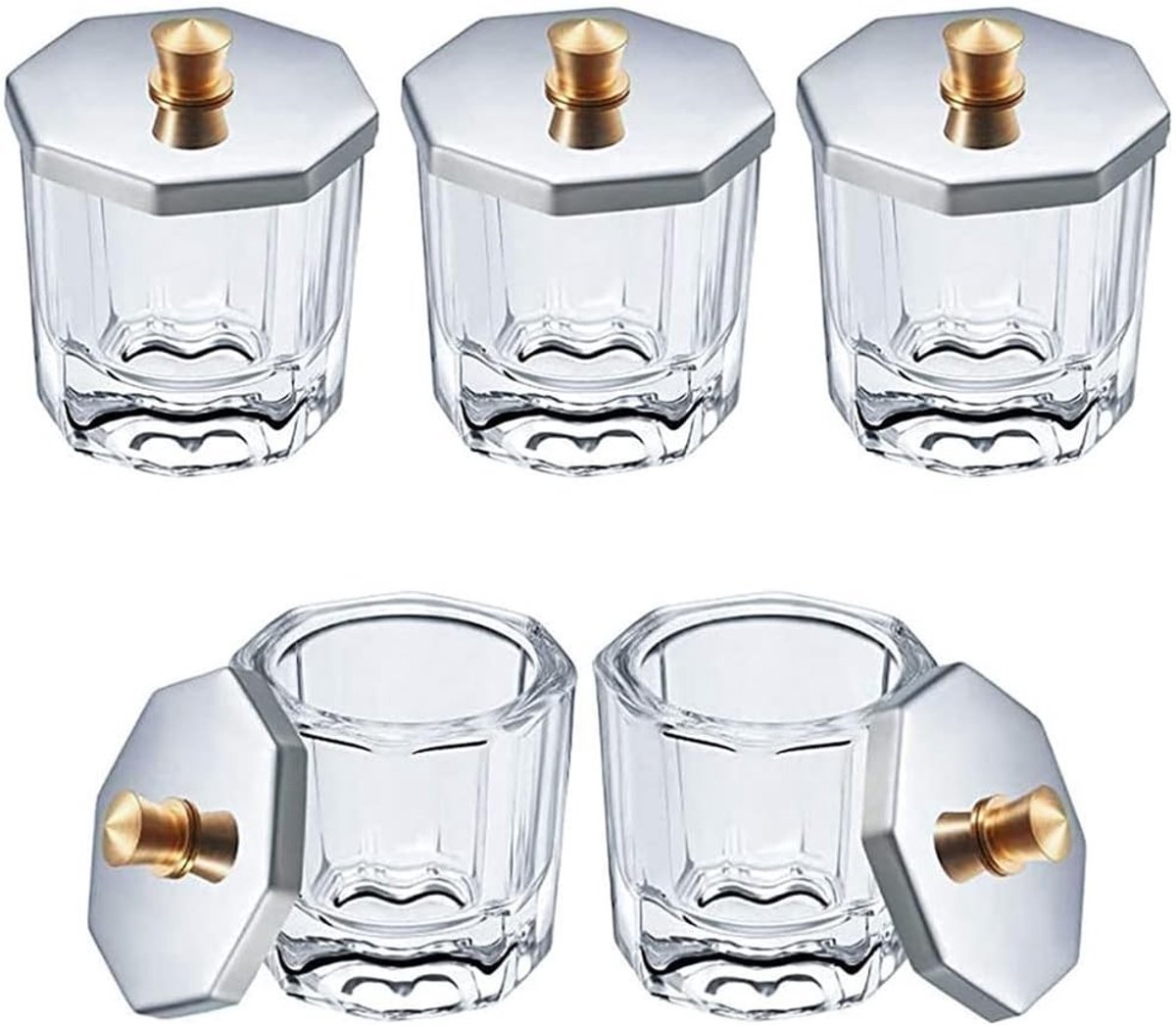 Set van 5 Glazen Crystal Cups met Deksel voor Nagelpoeder, Nagelkunst en Manicure Accessoires voor Salons en Thuisgebruik