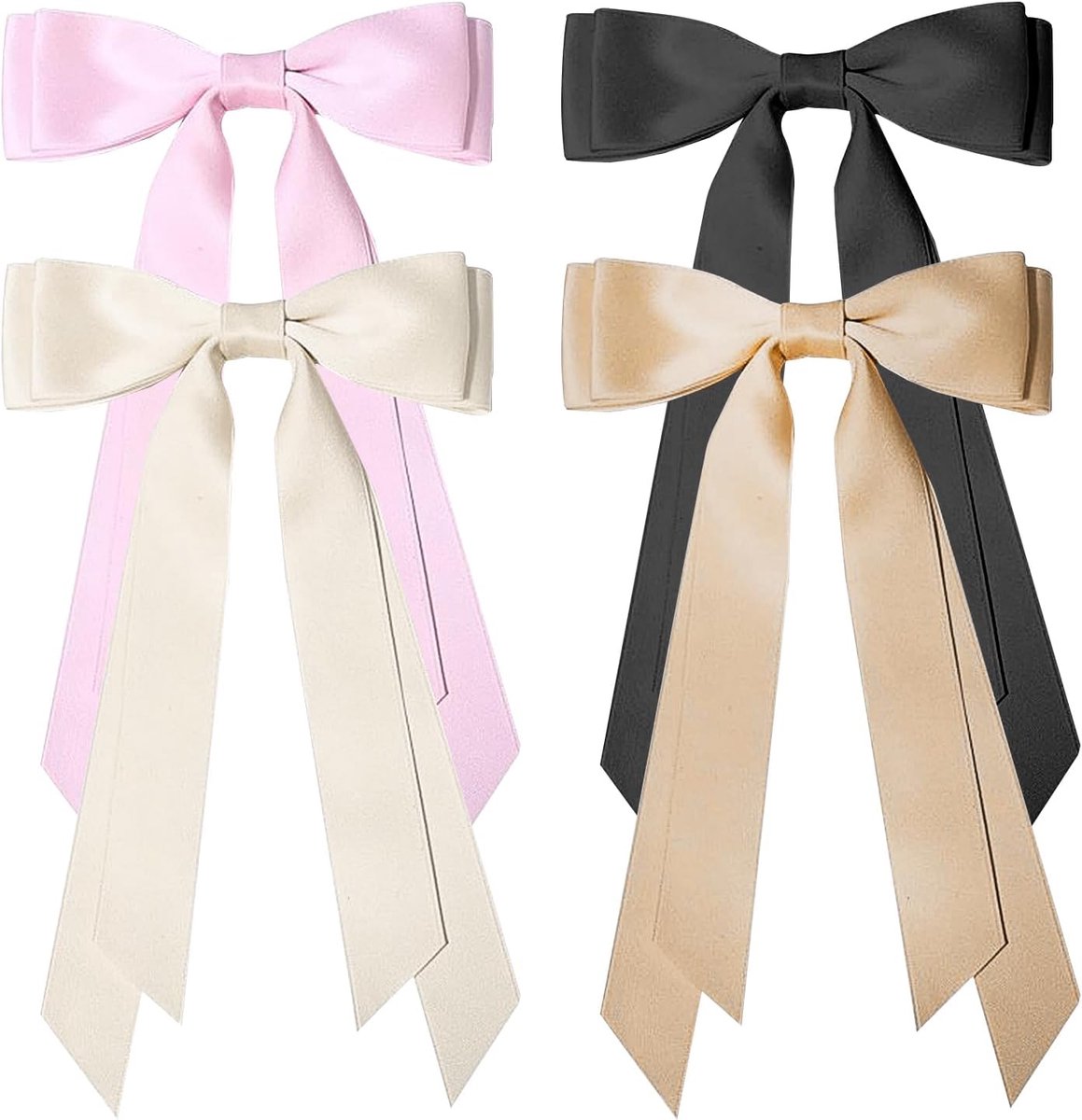 SnelShoppen - 4 Stuks Haarspelden met Strik, Schattige Haarclips voor Lang Haar, Satijnen Haaraccessoires in Zwart, Roze, Crème en Khaki