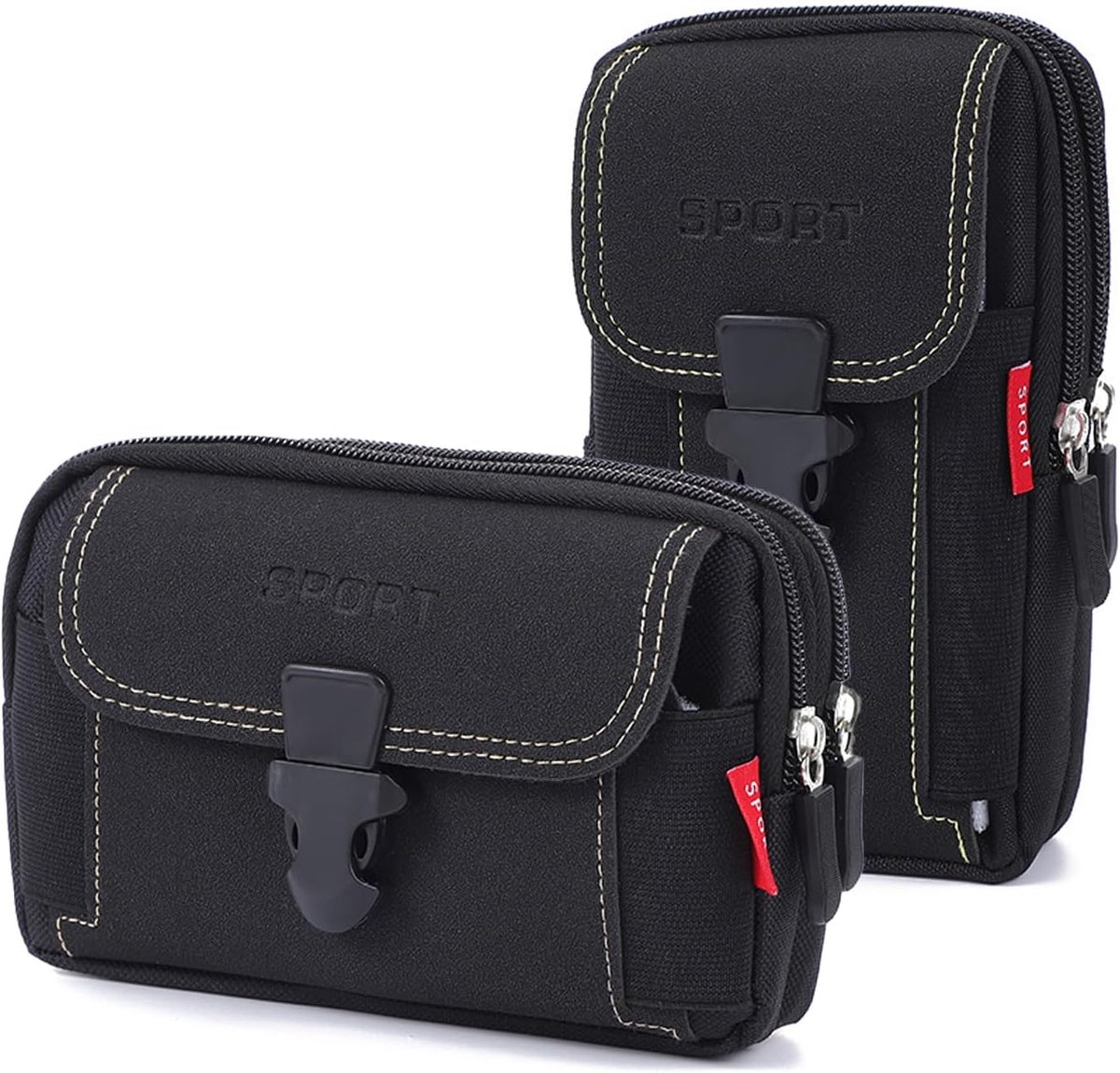 SnelShoppen - Pack van 2 heuptassen - zwarte heuptas voor mannen, multifunctionele buiktas, mobiele telefoon tas voor fietsen, outdoor, camping, wande