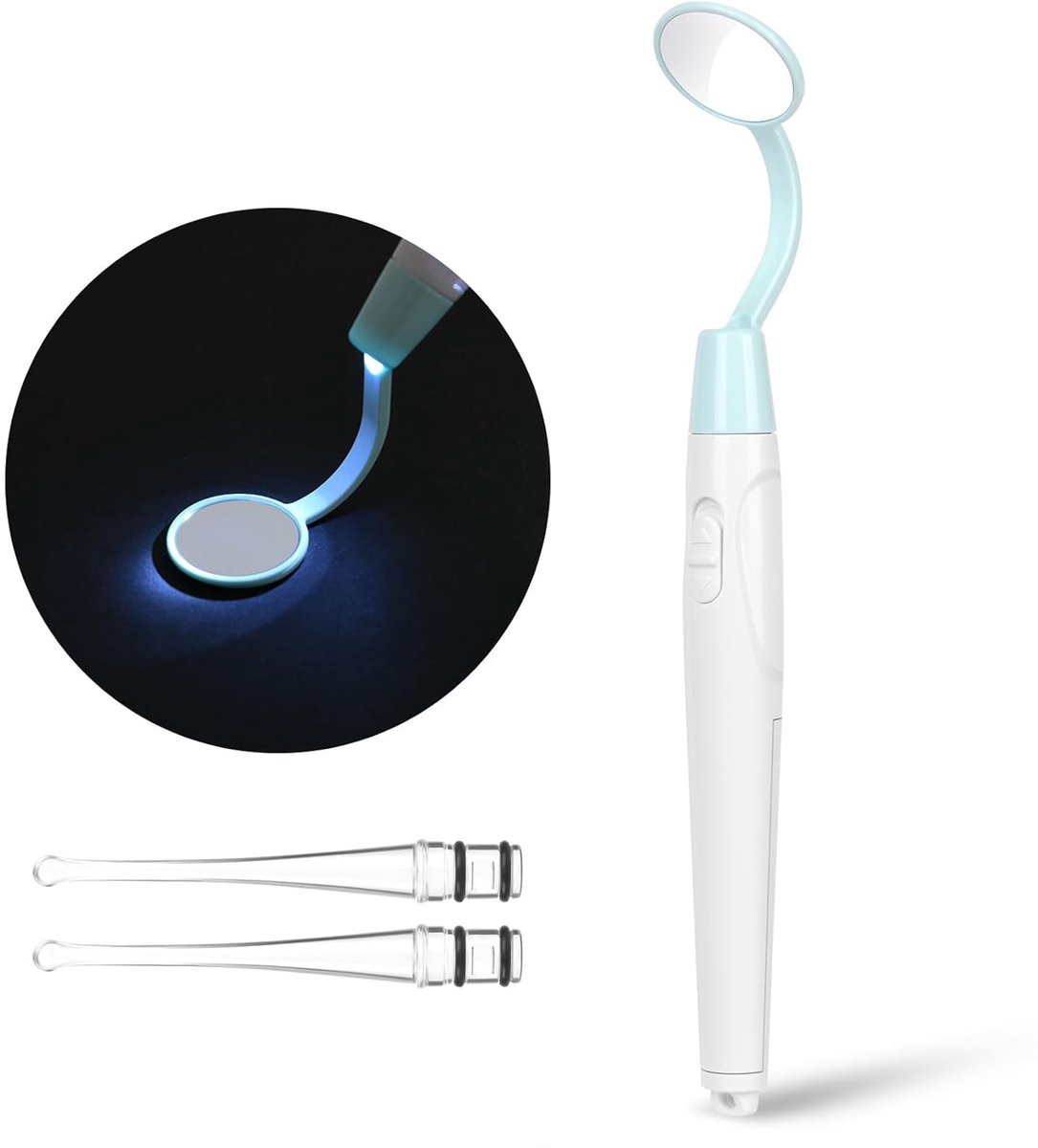 SnelShoppen - Flintronic 2-in-1 LED Tanden Spiegels met 4 Verwisselbare Oorlepels, Antifog Tanden Spiegel met Wit Licht, Tandonderzoek Spiegel, Blauw