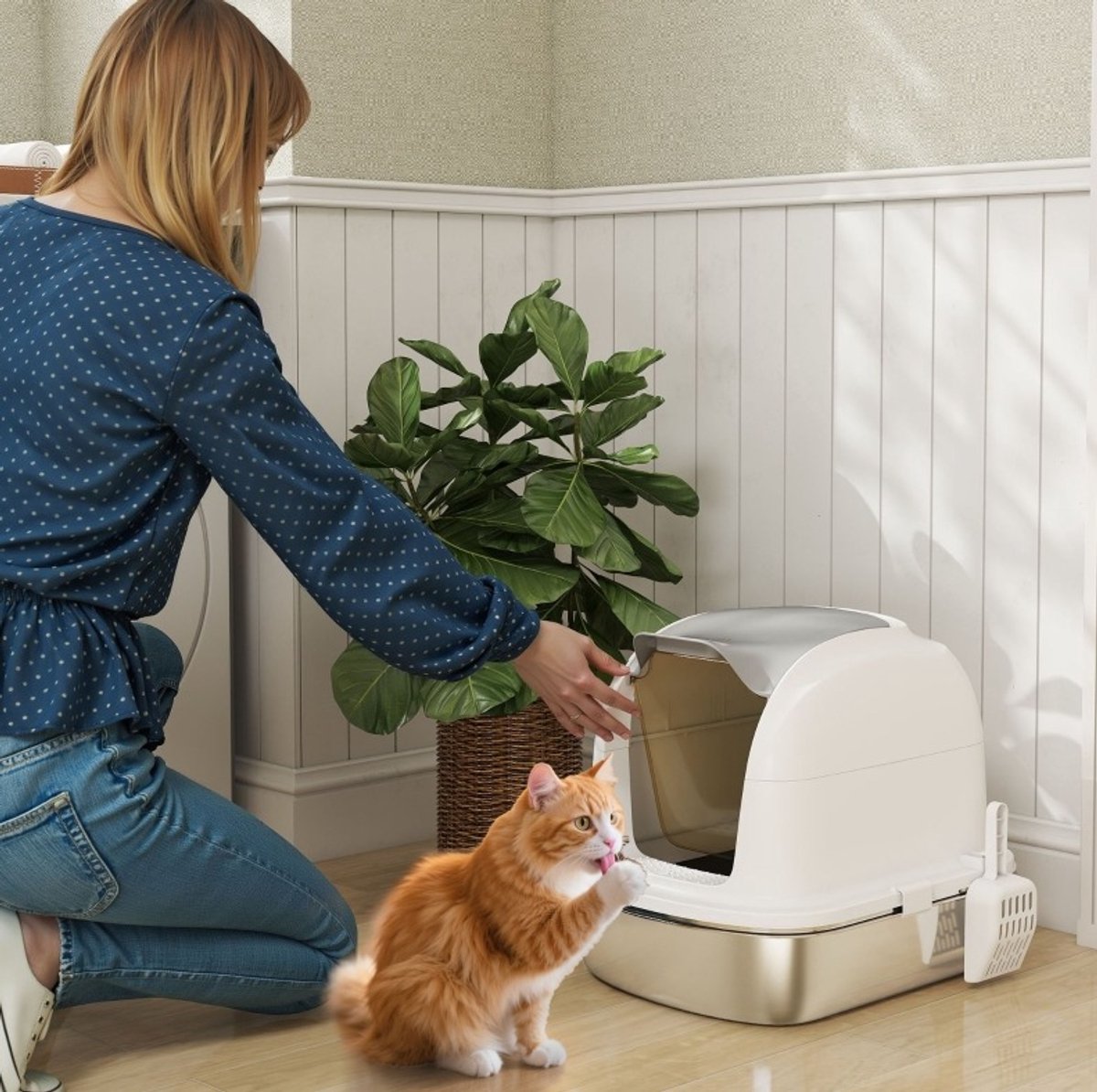 REDOM- Kattenbak - gesloten ontwerp met deksel en wanne - met streuschop - RVS - wit - 52,4 x 41,3 x 42 cm - voor katten onder 5 kg