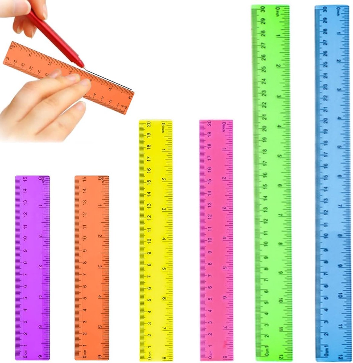 SnelShoppen - 6 Stuks Rechte Linialen Plastic Rulers met Centimeters en Inches voor School, Kantoor, Thuis - 15cm/20cm/30cm - Kleurrijk, Transparant
