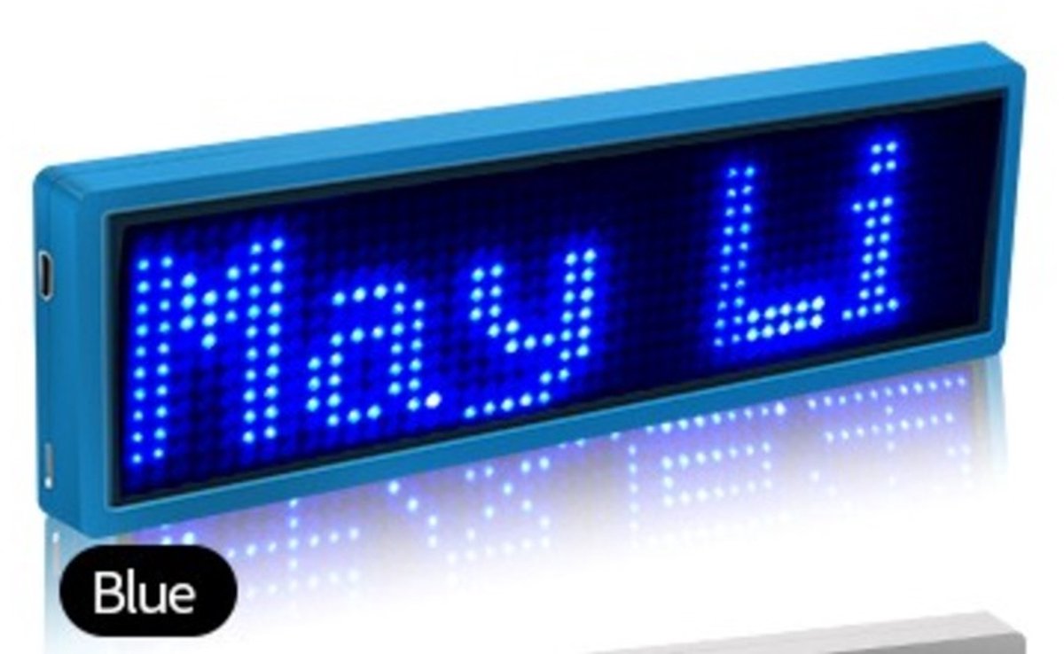 GYW Smart LED badge - Blauw - 6mm x 30mm x 93mm - Bluetooth Verbinding - App Besturing - Personaliseerbaar Display