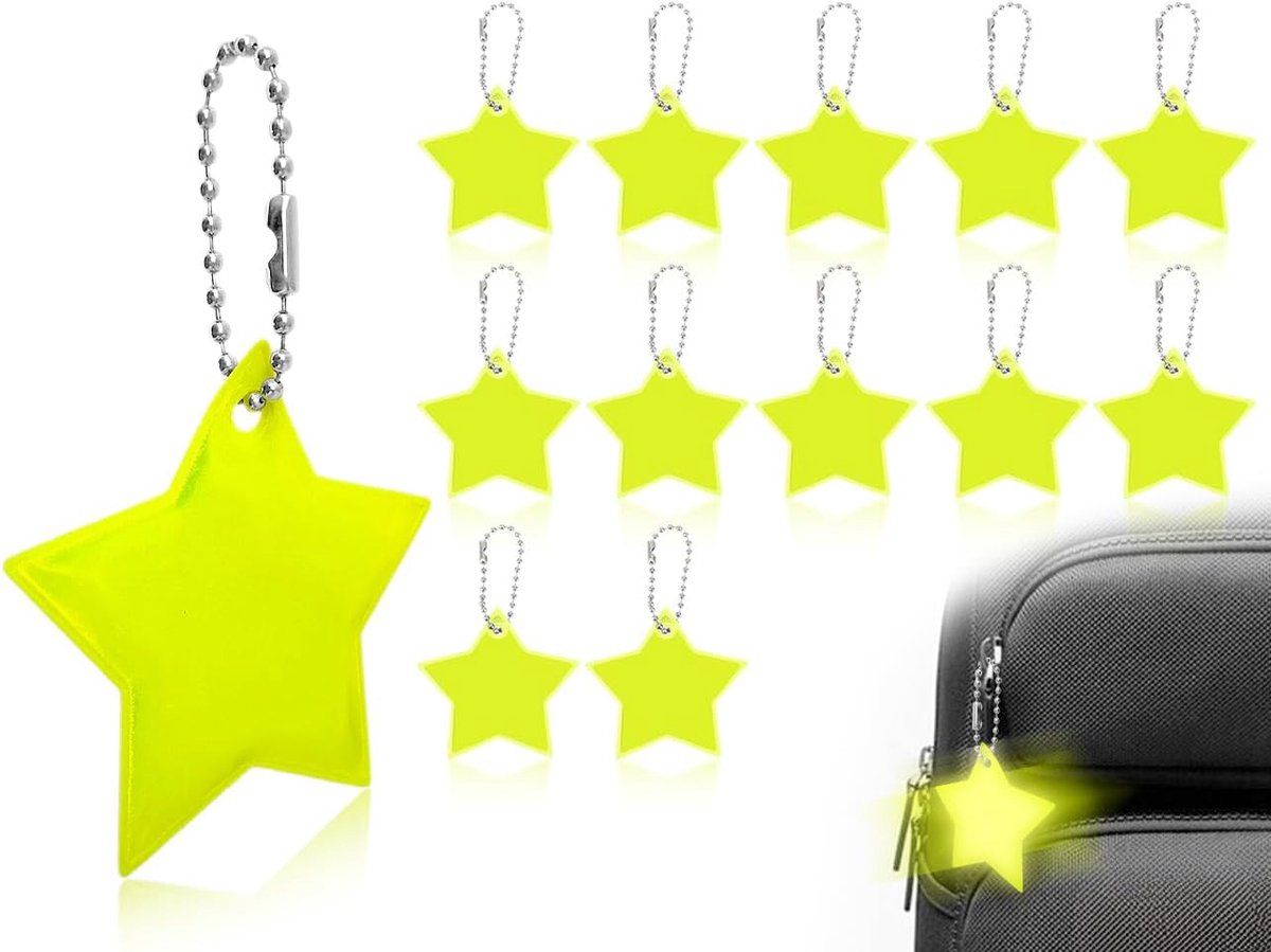 SnelShoppen - Set van 12 Reflecterende Ster Hangers, Reflector Sleutelhangers voor Rugzak, Schooltas, Kleding, Fietsen, Wandelen, Hardlopen, Geel