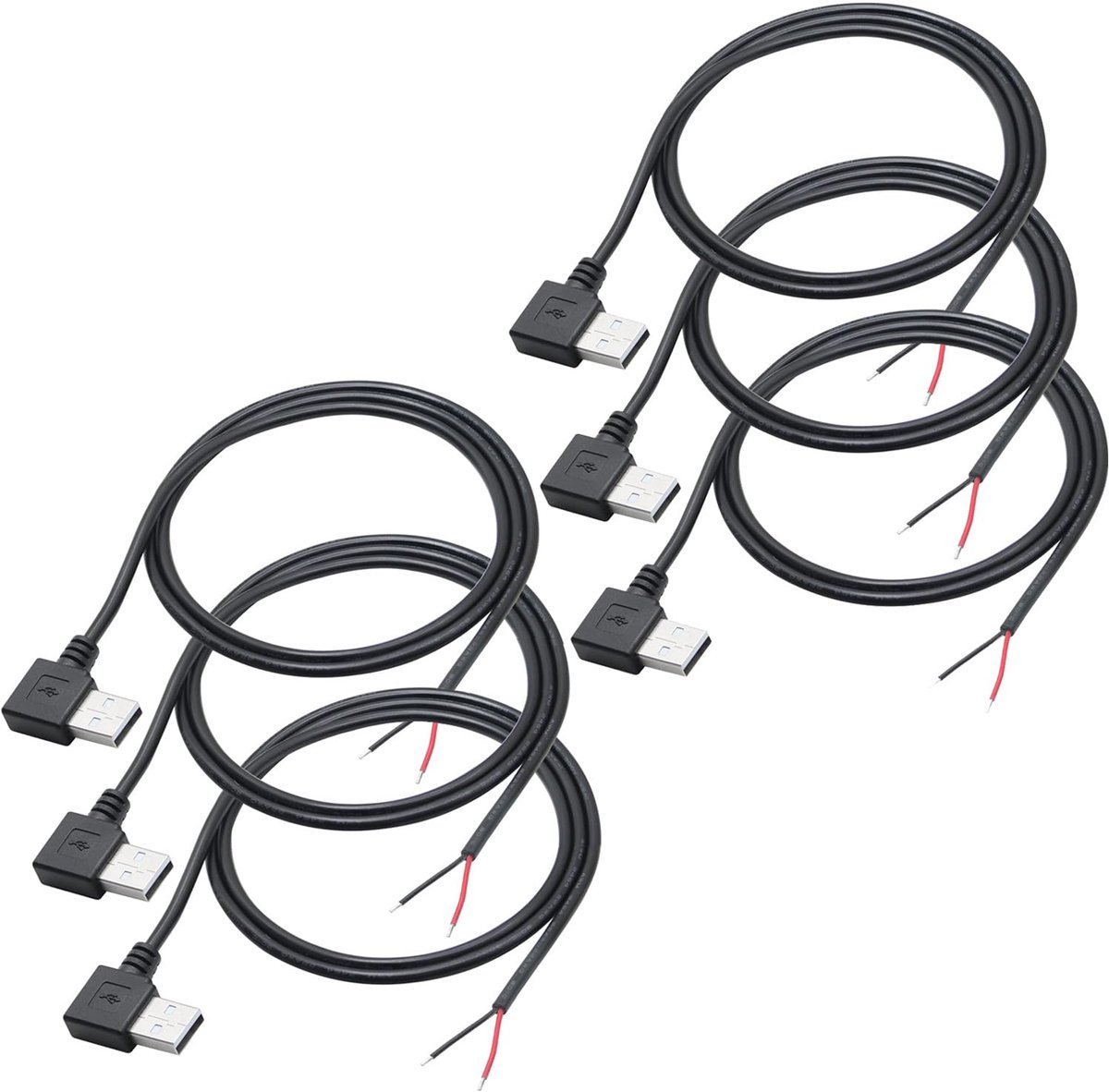 SnelShoppen - 6 Stuks 90 Graden USB 2.0 Mannelijke Stekker 2-Pin Kabel, 1M USB A Mannelijk 2-Pin Pigtail Open Eind Voedingskabel, Voor 12V/3A USB Appa