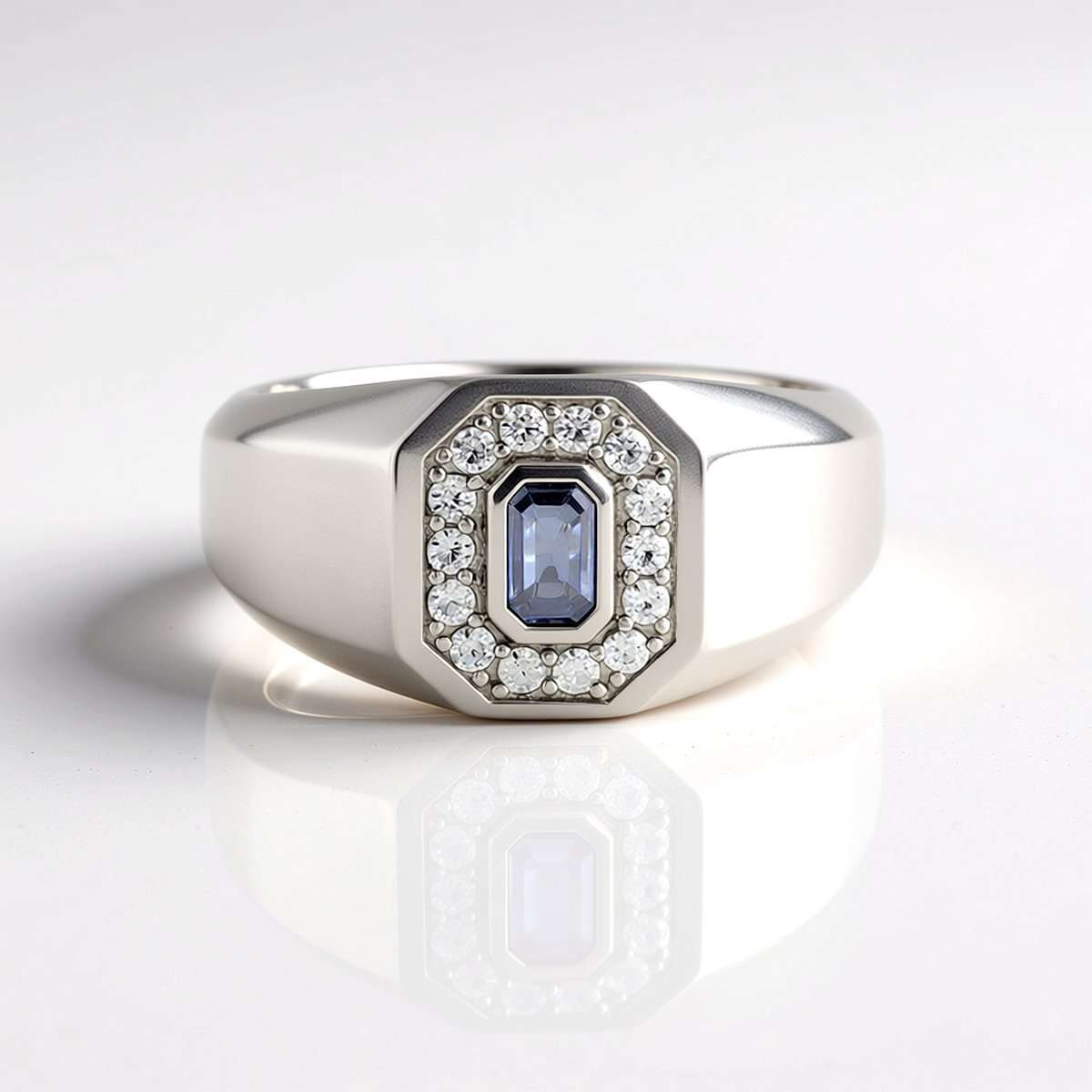 Cavill - Elegante ring 925 sterling zilver met platina - Blauwe Ceylon saffier 0.274 ct achthoekig - 14 Cambodjaanse zirkonia 0.294 ct