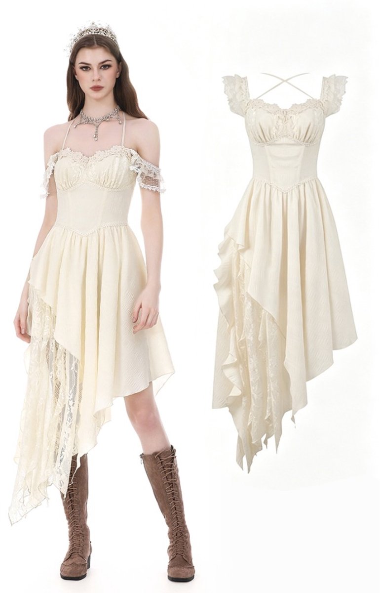 Dark in Love - Vintage Gothic Textured Lace Irregular Strap Korte jurk - M - Gebroken wit