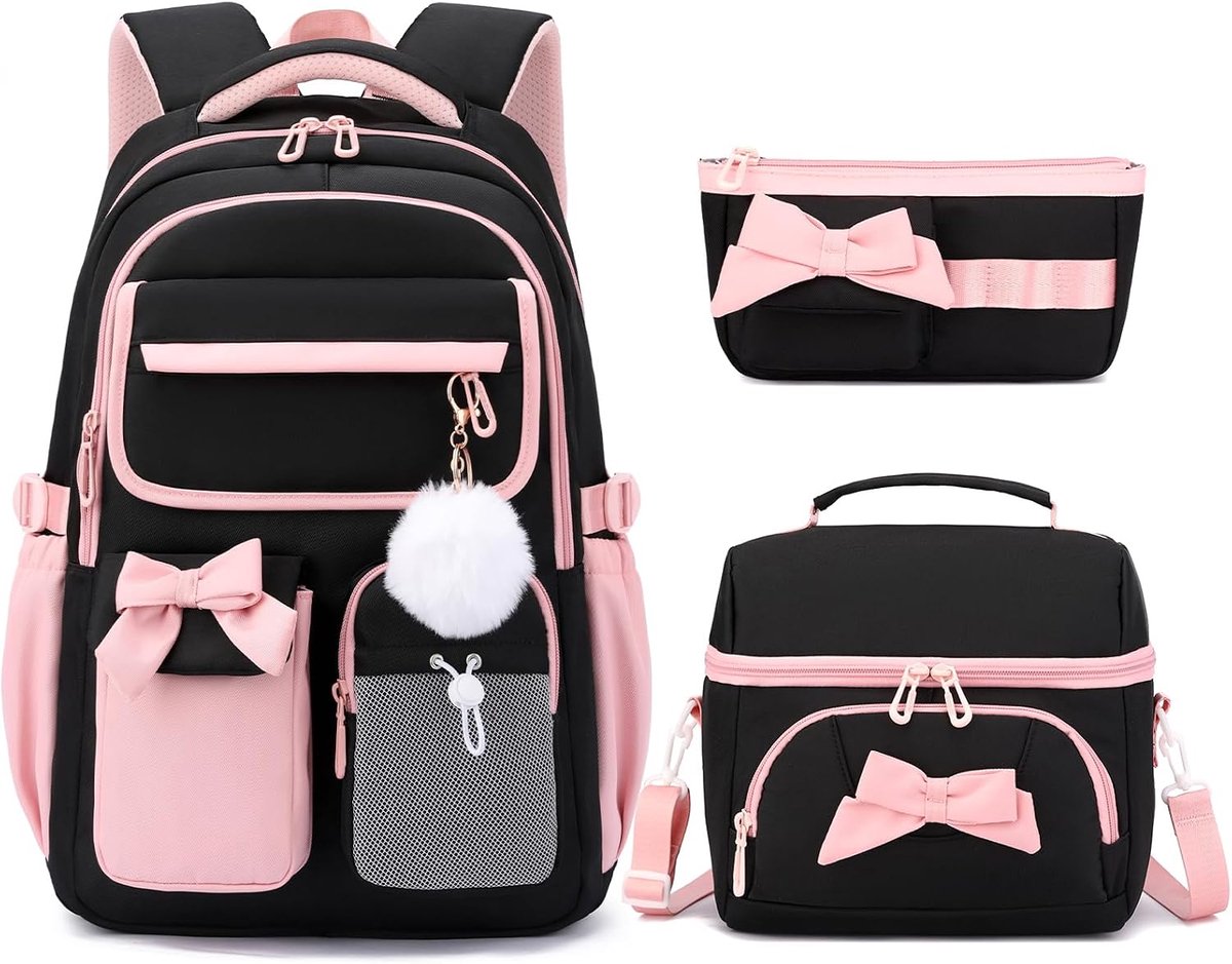 VHV Schoolrugzak Meisjes - 3-delige Set met Lunchset, Etui en Strik - Zwart-roze - Voor Basis- en Middelbare School