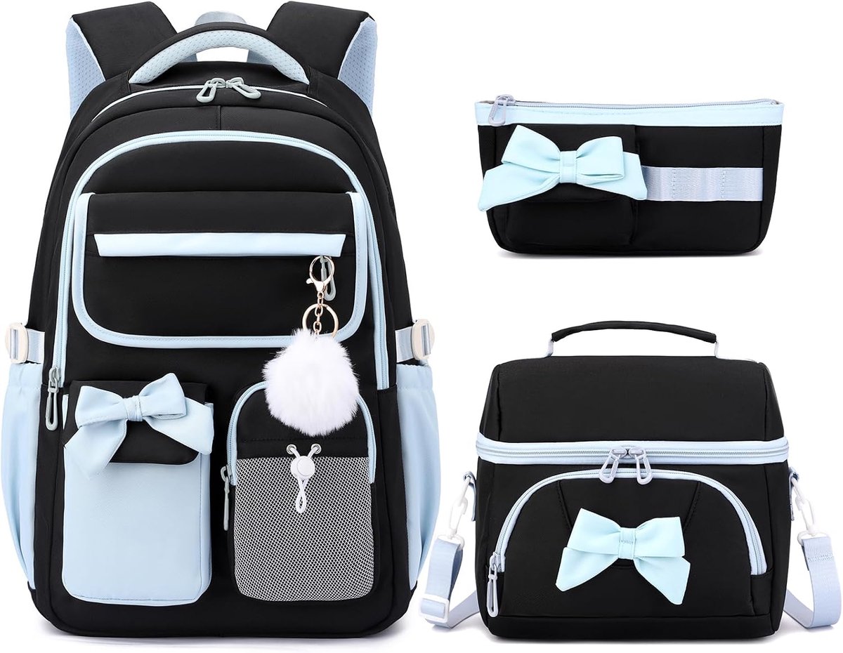 VHV Schoolrugzak Meisjes - 3-delige Set met Lunchset, Etui en Strik - Zwart-blauw - Voor Basis- en Middelbare School