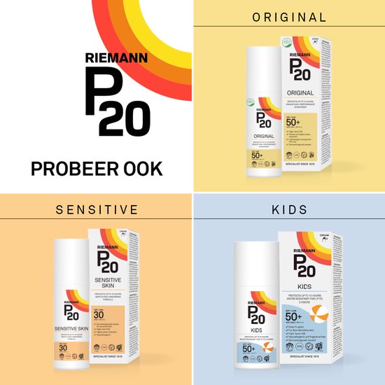 Drie P20-varianten: Original SPF 50+, Sensitive Skin SPF 30 en Kids SPF 50+..