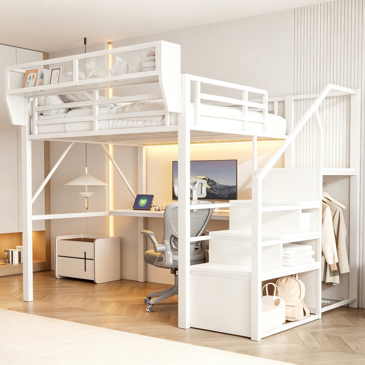MIVRAY Hoogslaper 140x200 cm - Met Bureau, Veiligheidsladder En Opbergruimte - Ledverlichting Voor Slaapkamer En Studie - Metaal - Wit Zonder Matras