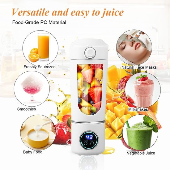 Draagbare mixer, 700 ml, kleine sapcentrifuge, oplaadbare smoothie maker, met 12 roestvrijstalen messen, mini-blender voor smoothies en shakes, persoonlijke blender voor reizen, kantoor, sport (wit) van Merkloos — afbeelding 2