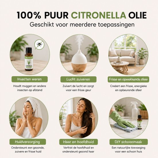 Zes cirkels tonen toepassingen: flesje olie, diffuser, woonkamer, huidverzorging, haarverzorging en schoonmaak.