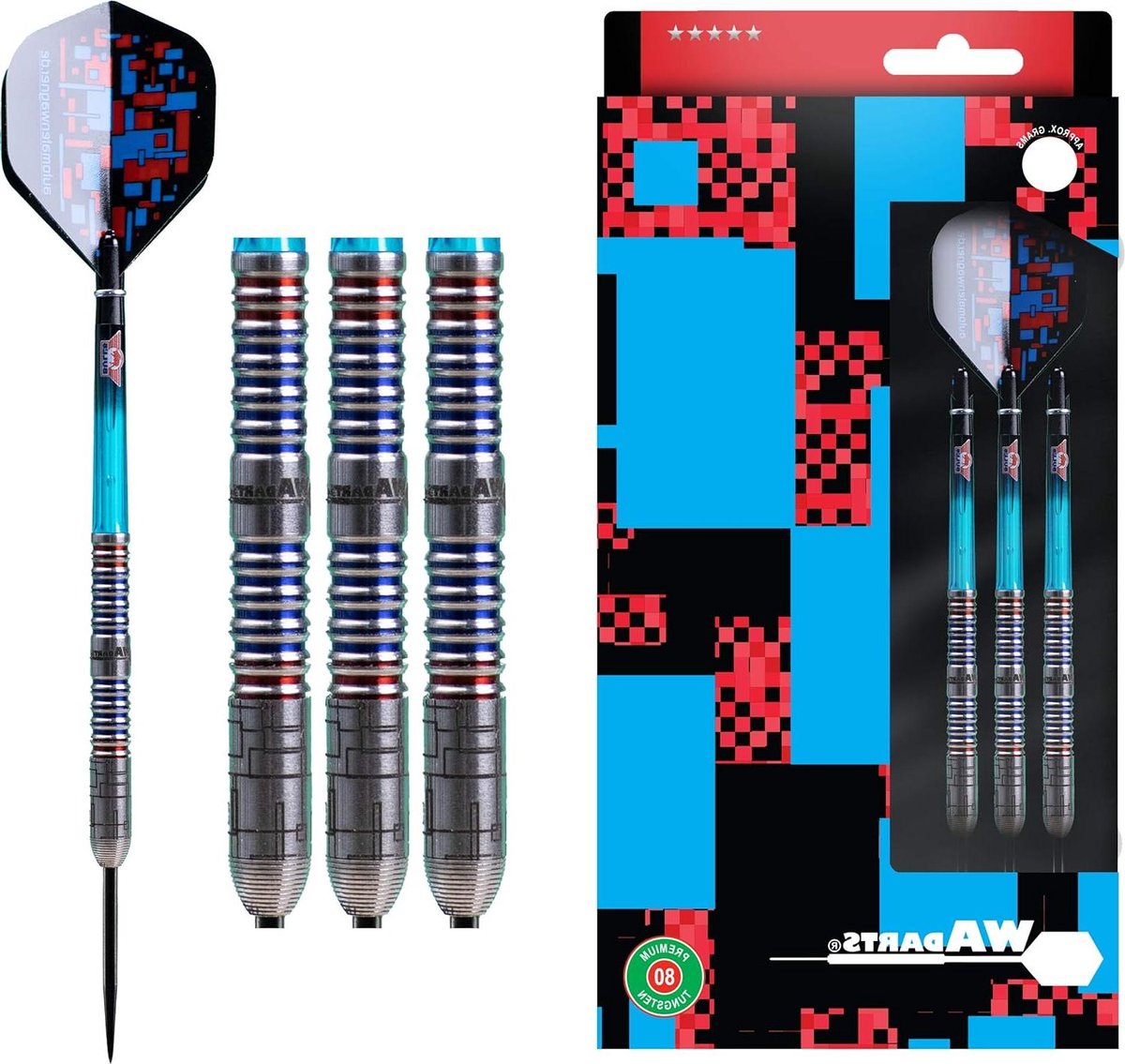 Dartpijlen Laserfighter - Steeldarts Wolfraam - Darts Spelen - PCT-coating Lasergravure - 25 gram - Blauw Rood