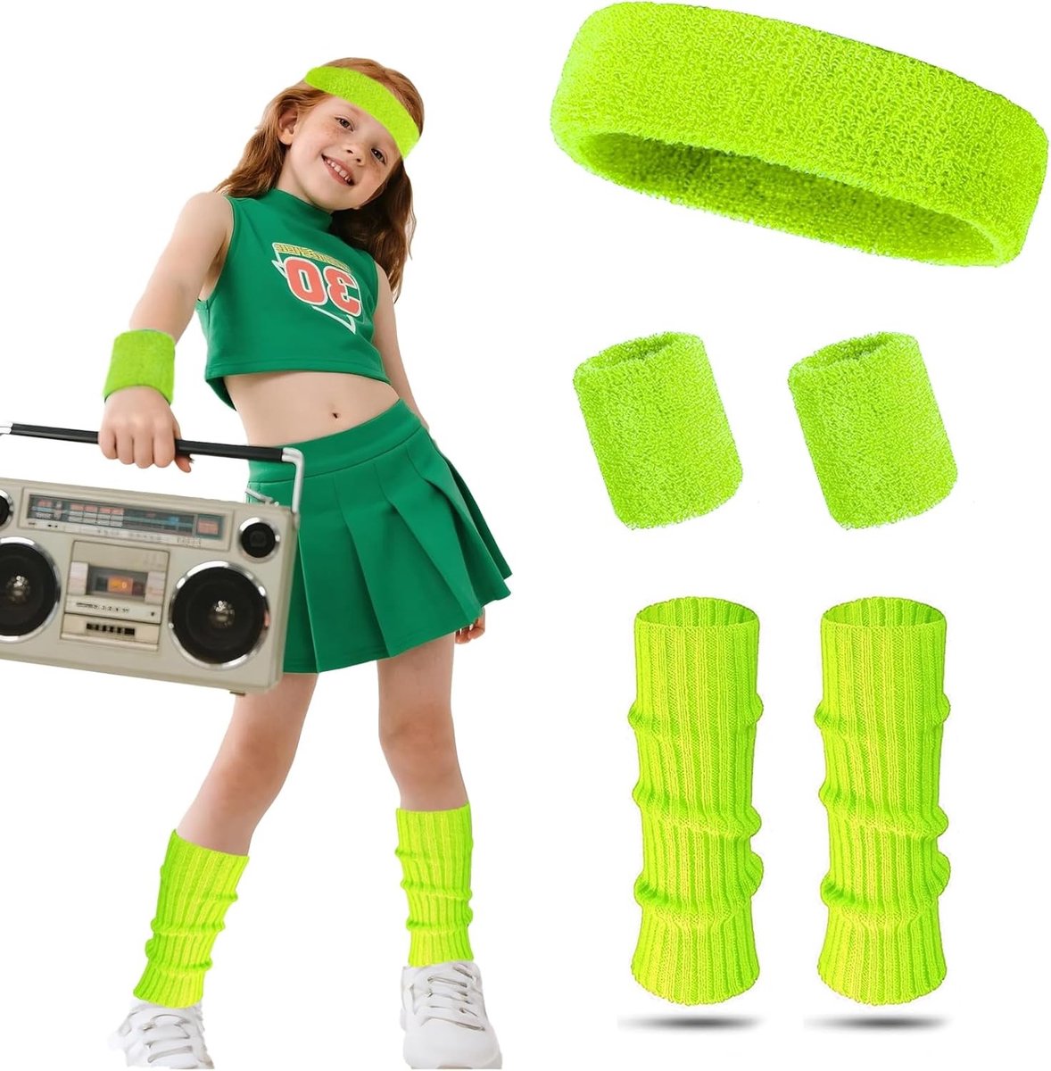 4-delige 80s Outfit voor Kinderen met Neon Kostuums, Fitness Armbanden en Neon Haarbanden voor Themafeesten en Danspartijen
