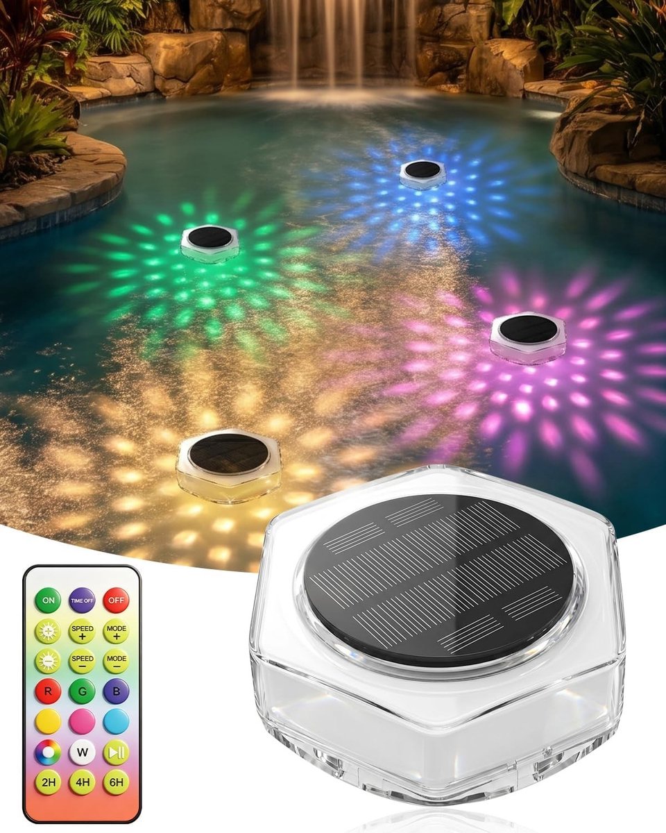 RGB Kleurveranderende Solar Poolverlichting met Afstandsbediening, Dimbare Helderheid en Timer - Drijvende LED Lamp voor Vijver- en Onderwaterverlichting - 1 Stuk