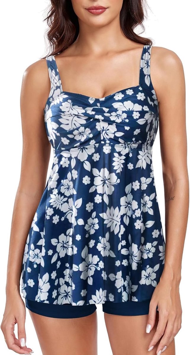 Tankini-set voor dames - Witte Bloemen - 3XL - Crossover Badpak met Boyshorts - Voor Badmode en Buikcontrole