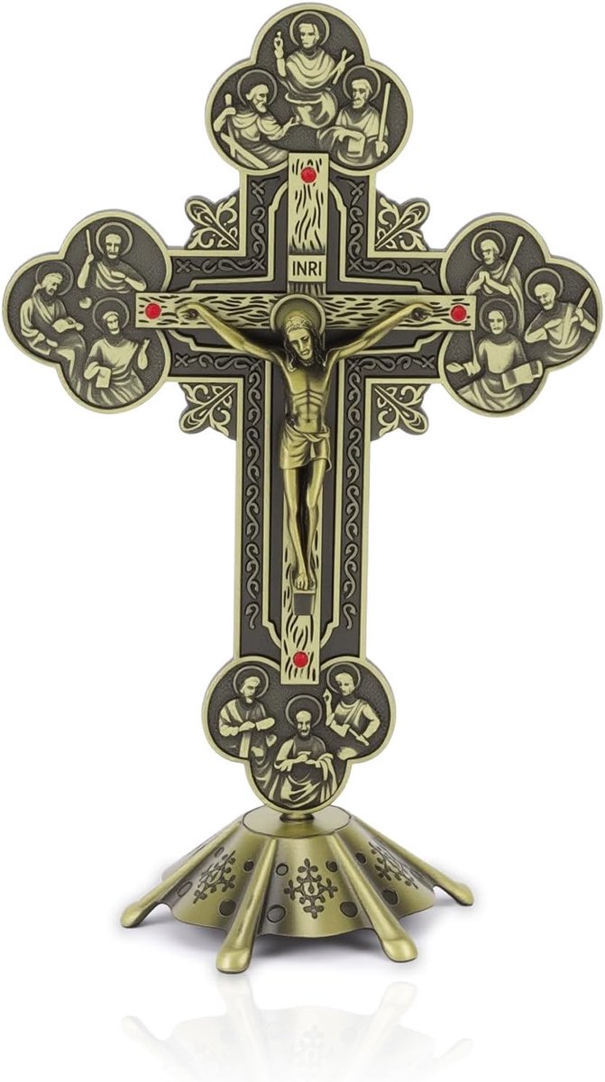 SnelShoppen - Bronzen Jezus Kruisbeeld met Stevige Voet - Religieuze Tafel Decoratie - Retro Stijl - Duurzaam Metaal - Perfect voor Huiskamer, Kerk of