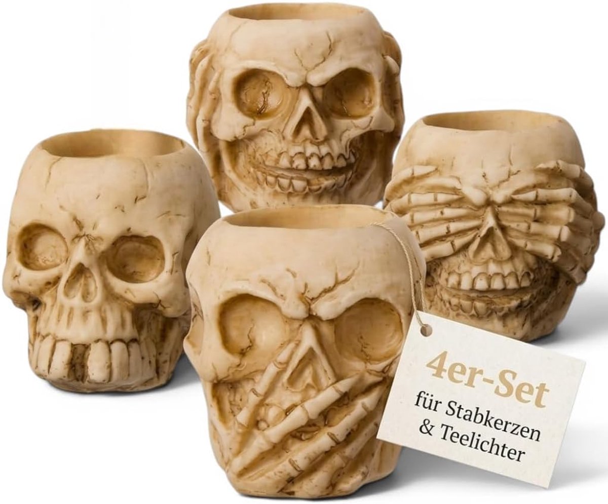 SnelShoppen - Set van 4 Polyresin Skallen Kaarsenhouders Tafeldecoratie, 4 Ontwerpen 'Hoor Niets, Zie Niets, Zeg Niets & Klassiek' (60 × 60 × 60 mm) v