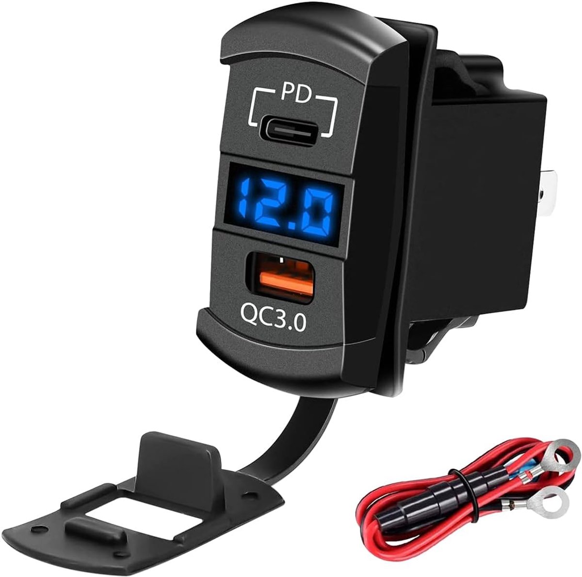 SnelShoppen - USB-autolader met dubbele PD en QC3.0, 12V/24V paneelgemonteerd, waterdicht met LED-voltmeter voor voertuigen, boten en meer