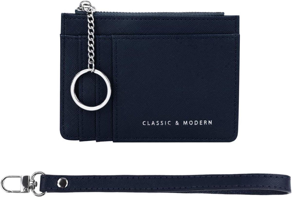 SnelShoppen - Heren Portemonnee, Kleine PU Leren Kaarthouder met Sleutelhanger en Armband, Modern Blauw, Ideaal voor Pasjes, Contant Geld en Munten, C