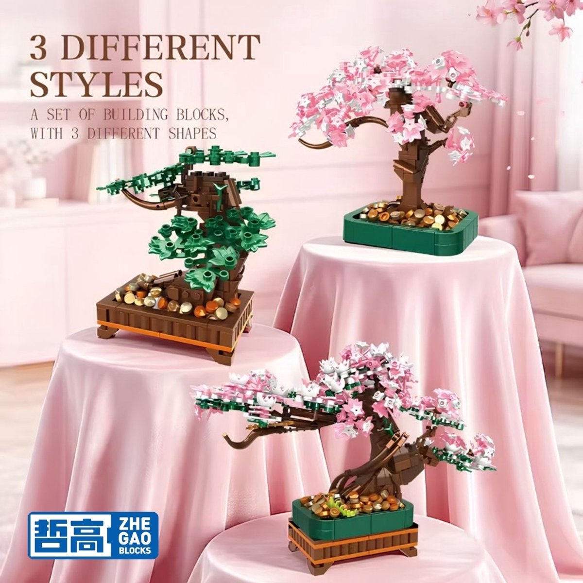 Zhe Gao 99138 Japanse 3 in 1 bloemen plantje bouwset | Botanical Bonsai | Sakura Flowers Collection | Classic Creator STEM speelgoed bouwpakket voor volwassenen en kinderen | Decoratie modelbouw niet geschikt voor lego | Bouwdoos met 700 bouwstenen — afbeelding 3