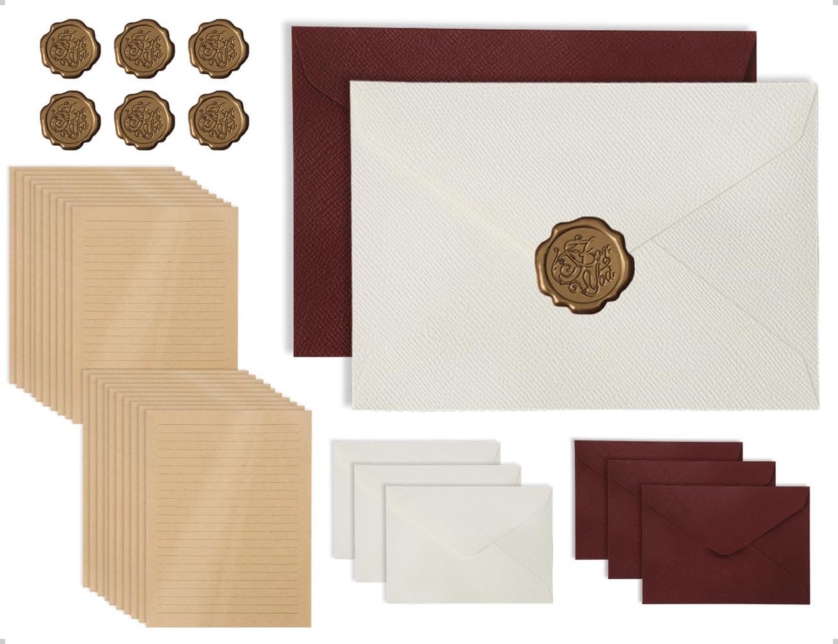 SnelShoppen - Vintage Stationery Set met Linnen Envelop en Seal Stamp, 6 Retro Brieven, 20 A5 Briefpapier, Perfect voor Bruiloft en Verjaardagsuitnodi