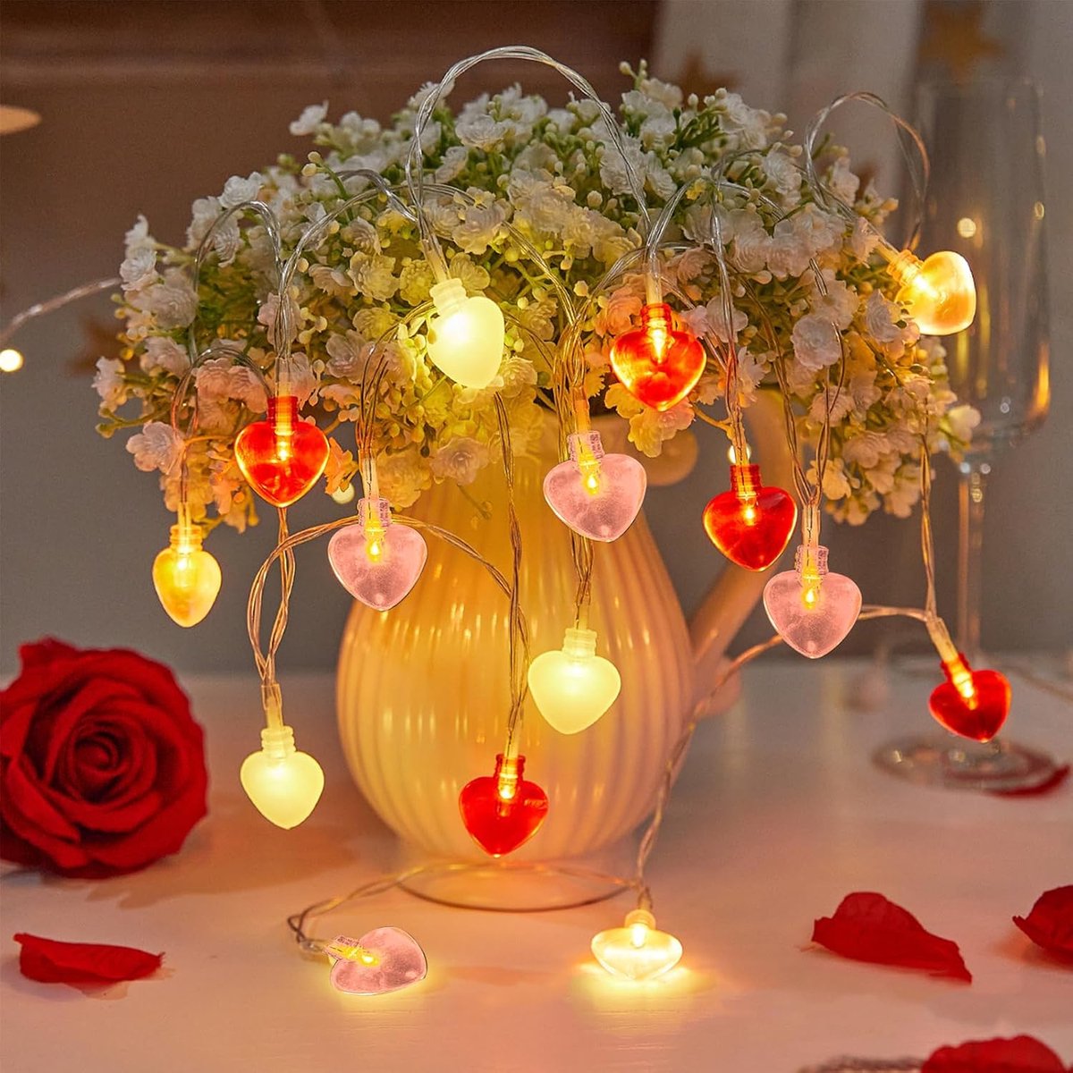 SnelShoppen - 3 m Hartjes Sfeerverlichting met 20 LED Lampjes op Batterij - Roze, Rood, Wit - Feestverlichting voor Valentijn, Bruiloft, Decoratie