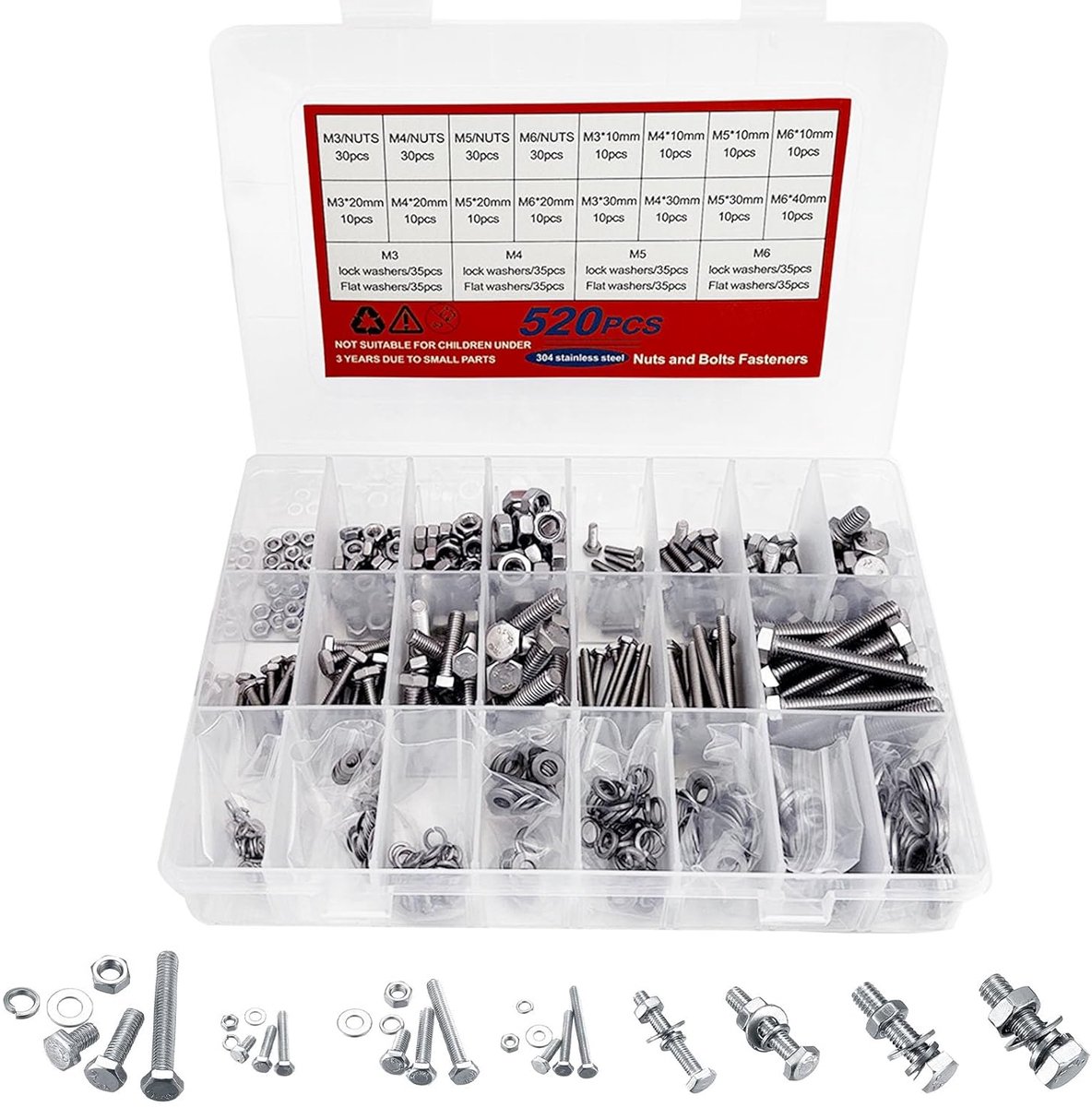 SnelShoppen - Schroeven en Moeren Set 520 Stuks M3 M4 M5 M6 Hex Schroeven met Moeren en Ringen Assortiment in Opbergdoos
