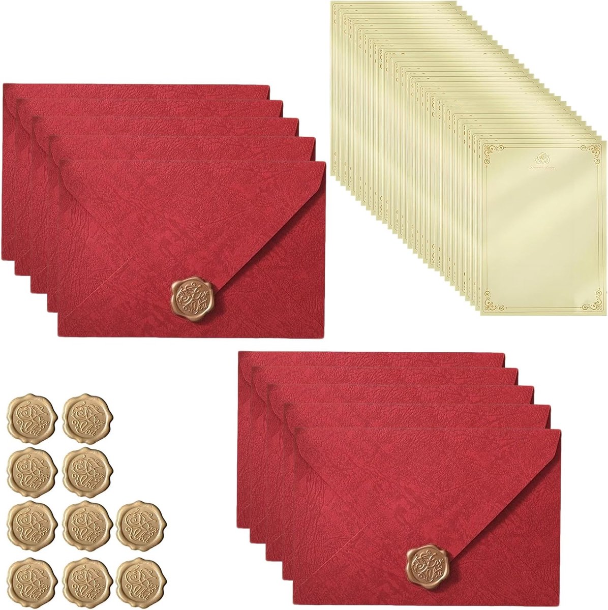 SnelShoppen - Vintage schrijfpapier set 50 stuks met 10 enveloppen, 30 A5 rozen stationery en 10 waszegels voor liefdevolle brieven, trouw- en verjaar
