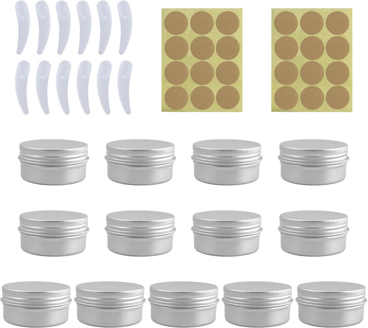 SnelShoppen - 13 Stuks 50ml Lege Aluminium Containers, Draagbare Metaalpotjes met Schuifdeksel, Inclusief 2 Vellen Ronde Labels en 12 Stuks Gezichtsma