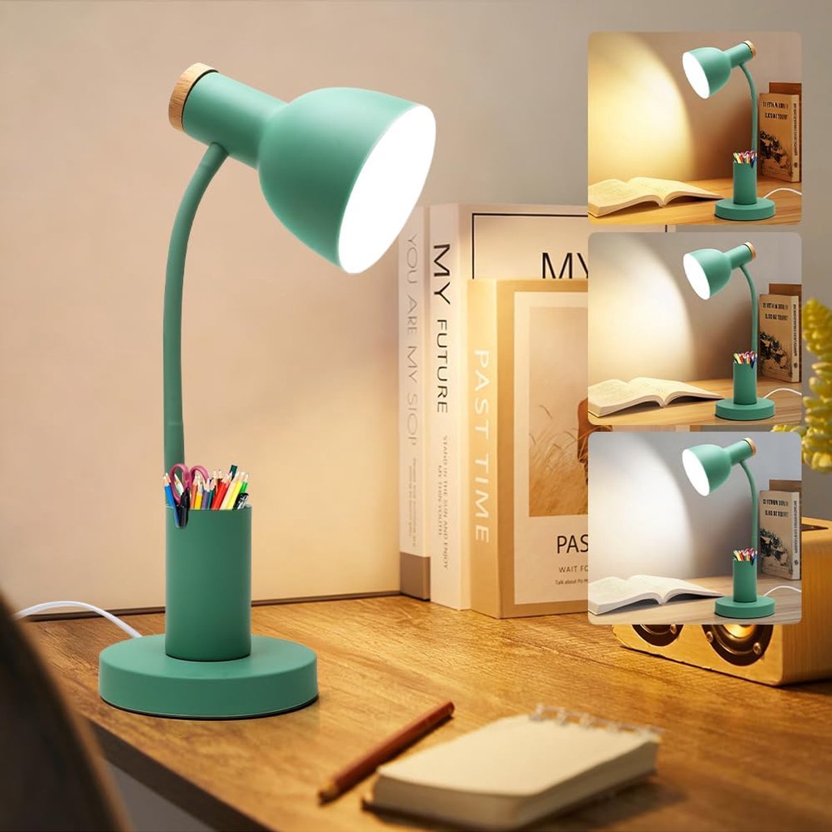 SnelShoppen - LED Bureau Lamp met Pennenhouder, Flexibele Arm 360°, Dimbaar met 3 Kleuren, Ideaal voor Thuis, Kantoor en Studie (Groen)